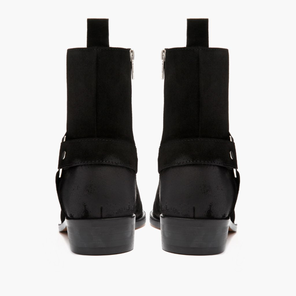 High-Traction Rubber Outsole & Lug Tread Pattern on Harness Black Suede Leather Boots