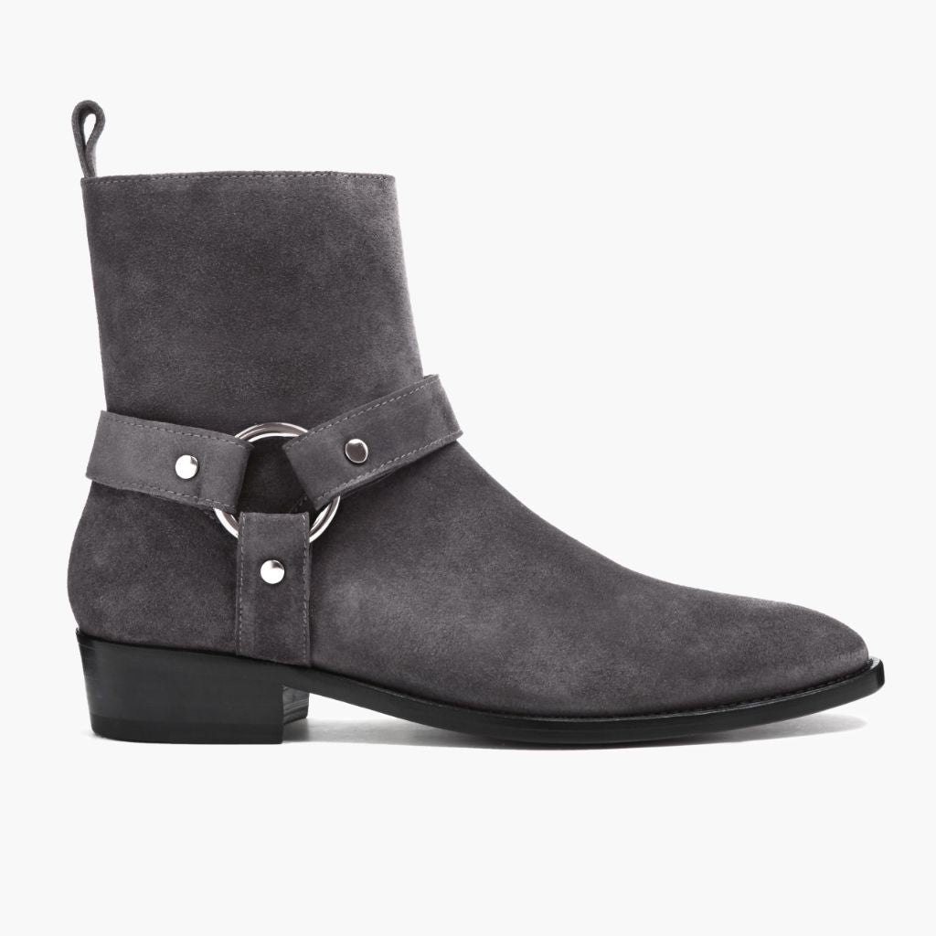 Grey Goatskin Suede Leather Boots - Goodyear Welt Construction & Front Toe Box Detail