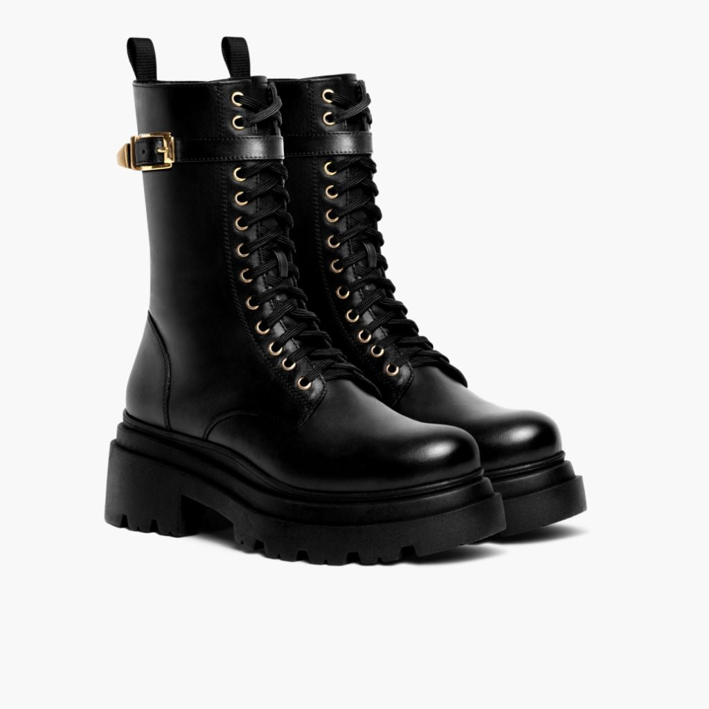 Fatale Black & Gold Leather Boots in Black Full-Grain Leather - Lateral Side Profile View | Buy Online