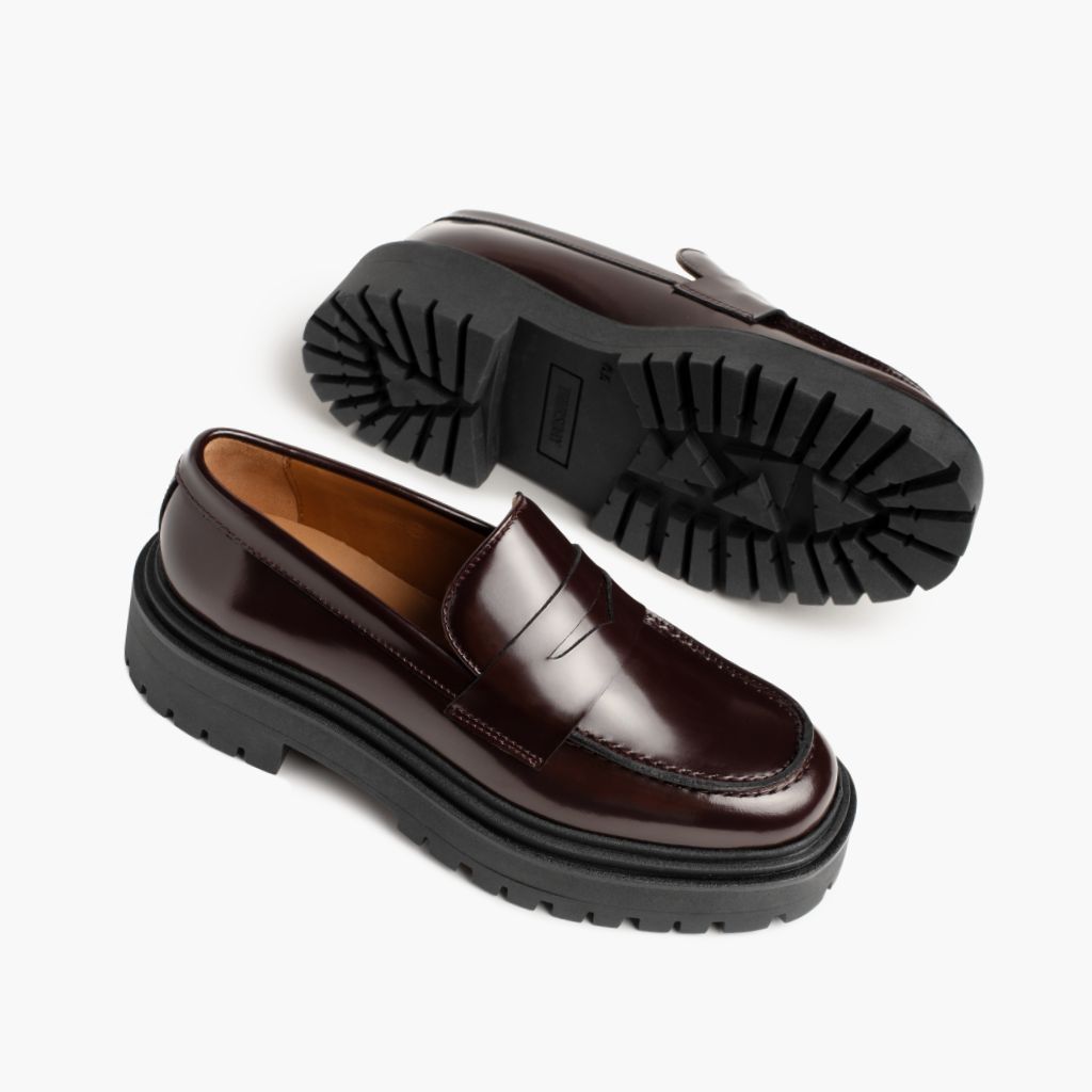 High-Traction Rubber Outsole & Lug Tread Pattern on Women's Penny Platform Burgundy Leather Boots