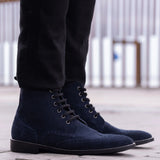 Tailored Rib Cuffs & Hem Craftsmanship Construction Detail on Duster Brogues Blue Suede Leather Boots StudGuard For Men