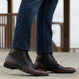 Tailored Rib Cuffs & Hem Craftsmanship Construction Detail on Duster Brogues Derby Maroon Black Leather Boots StudGuard For Men