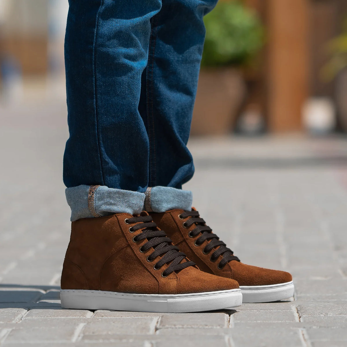 Marty High Top Brown Suede Sneakers in Brown Goatskin Suede - Lateral Side Profile View | Buy Online