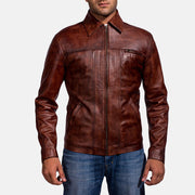 Men's Abstract Maroon Leather Jacket in Distressed Brown Sheep Skin Burnishing - Front Profile View &amp; Tailored Silhouette | Buy Online