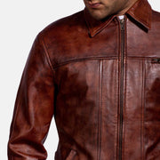 Men's Abstract Maroon Leather Jacket - Lateral Side Profile View Showing Sleeve Cut &amp; Athletic Taper Fit