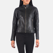 Black Sheepskin Leather Biker Jacket - Back View Showing Tailored Shoulder Fit &amp; Clean Hemline