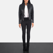 Women's Adalyn Quilted Black Leather Biker Jacket - Lateral Side Profile View Showing Sleeve Cut &amp; Athletic Taper Fit