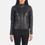 Close-Up Detail of Band &amp; Zipper Hardware on Women's Adalyn Quilted Black Leather Biker Jacket