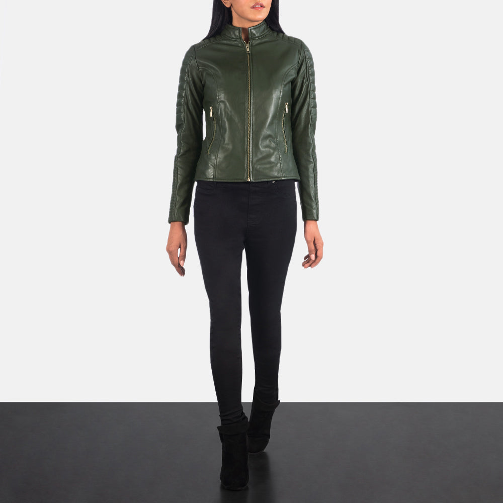
Women's Adalyn Quilted Green Leather Biker Jacket - Lateral Side Profile View Showing Sleeve Cut & Athletic Taper Fit