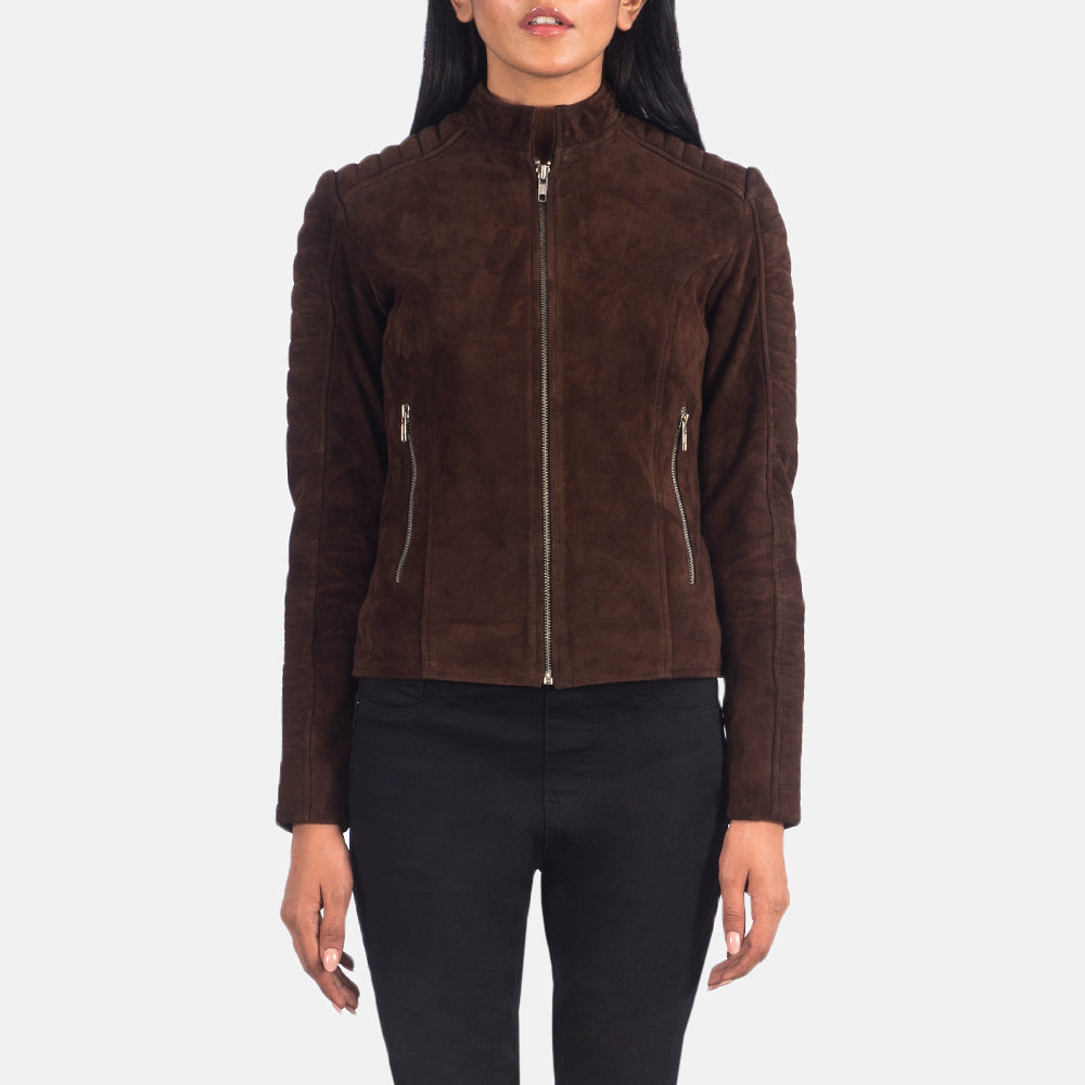 Women's Adalyn Quilted Mocha Suede Biker Jacket in Mocha Brown Goatskin Suede - Front Profile View &amp; Tailored Silhouette | Buy Online