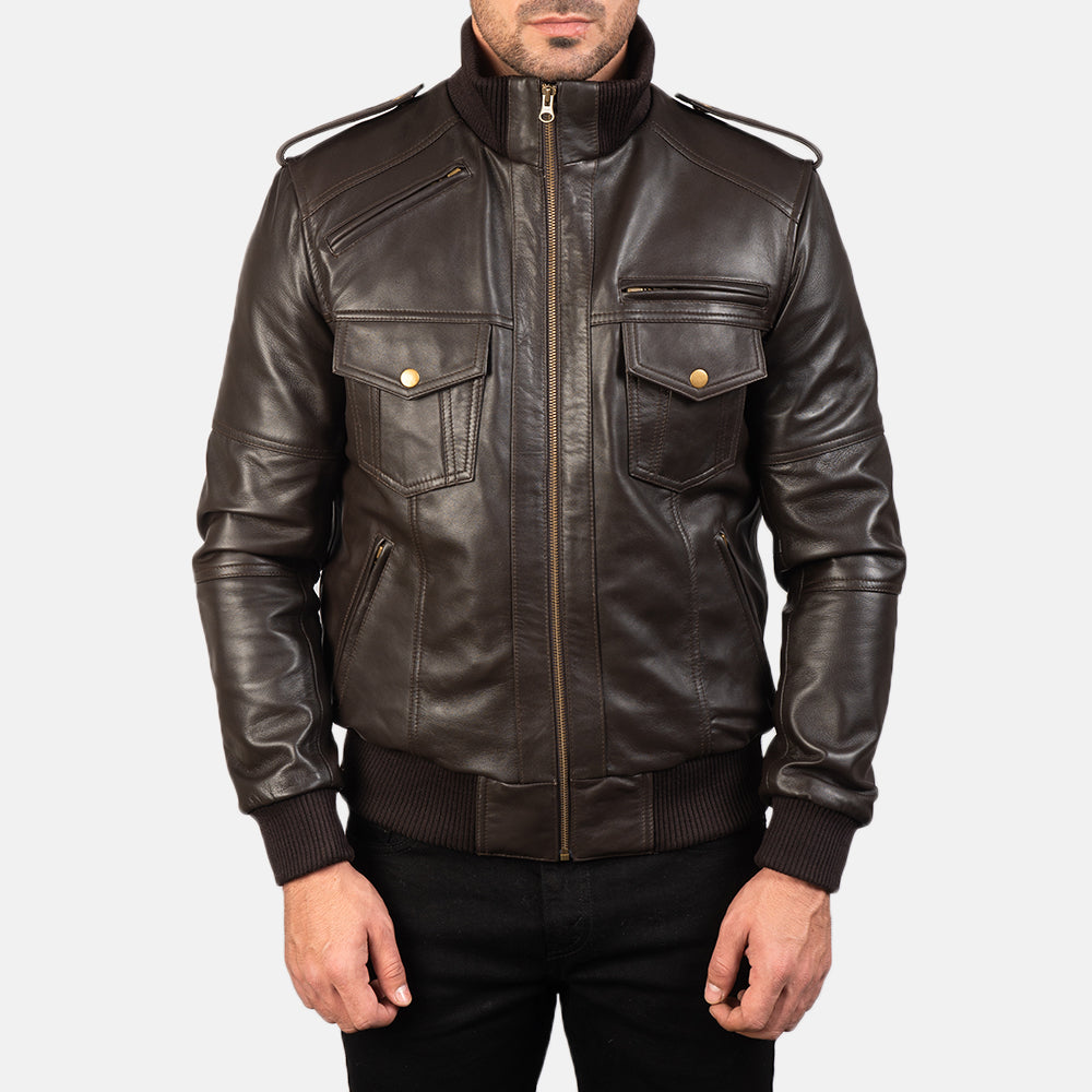 
Close-Up Detail of High neck & Zipper Hardware on Men's Agent Shadow Brown Leather Bomber Jacket