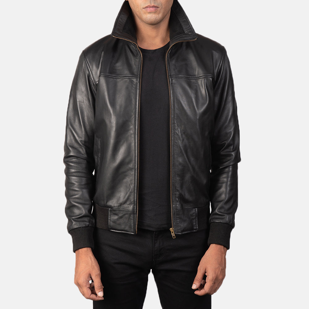Men's Air Rolf Black Leather Bomber Jacket in Black Sheepskin Leather - Front Profile View &amp; Tailored Silhouette | Buy Online