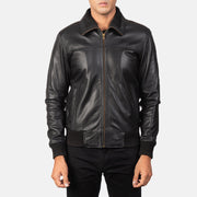 Close-Up Detail of Rib Knit &amp; Zipper Hardware on Men's Air Rolf Black Leather Bomber Jacket