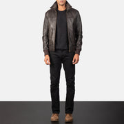Close-Up Detail of Rib Knit &amp; Zipper Hardware on Men's Air Rolf Mocha Brown Leather Bomber Jacket