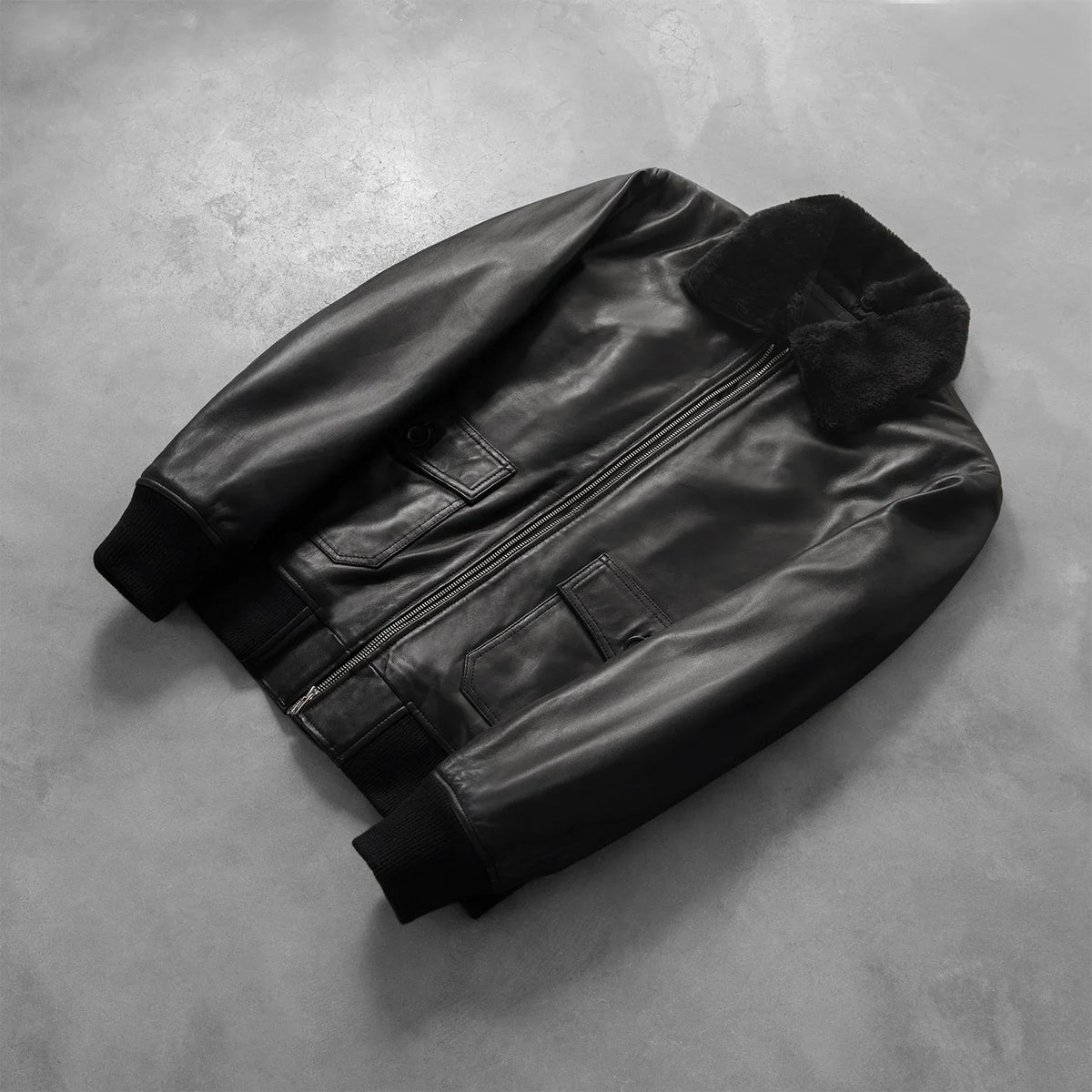 
Rib Knit & Hem Craftsmanship Construction Detail on Men's Airin G-1 Black Leather Bomber Jacket