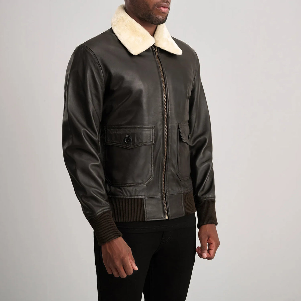 
Brown Sheepskin Leather Bomber Jacket - Back View Showing Tailored Shoulder Fit & Clean Hemline