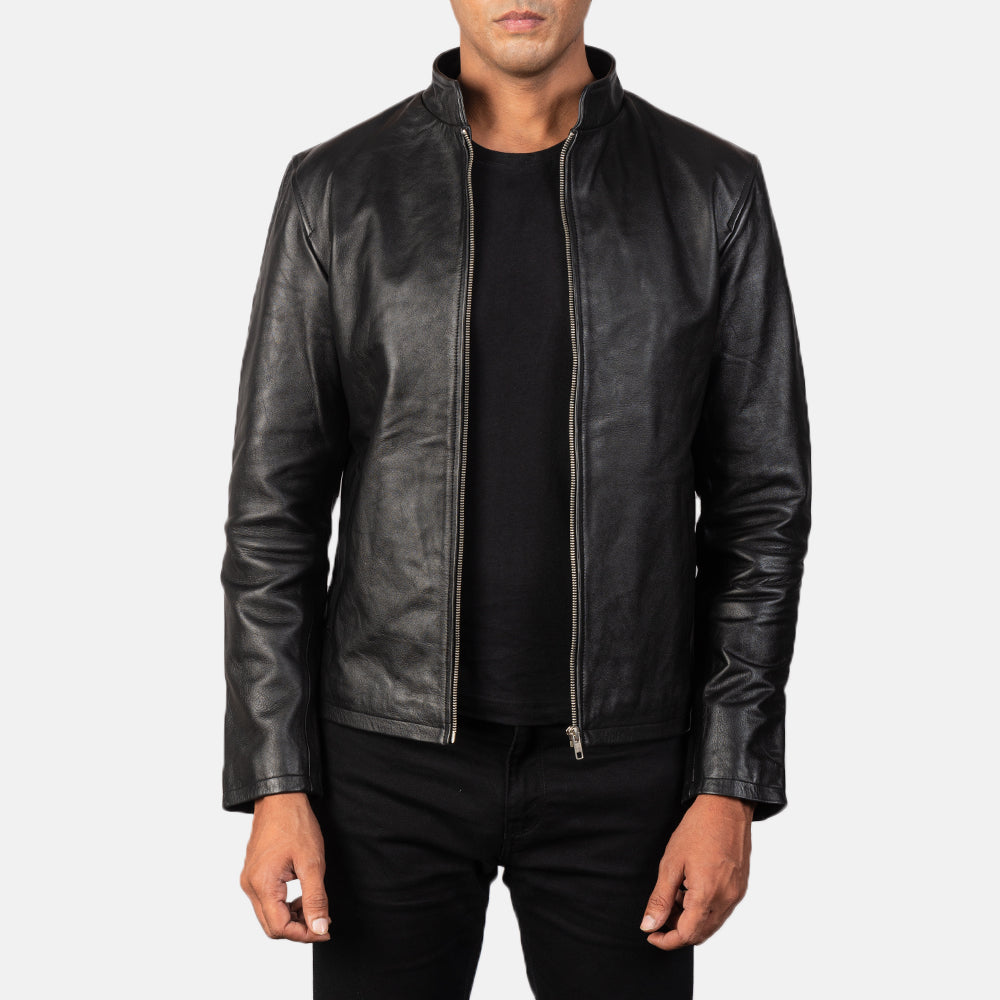 Men's Alex Black Leather Biker Jacket in Black Cowhide Leather - Front Profile View & Tailored Silhouette | Buy Online