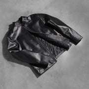 
Styled Fit Perspective of Men's Alex Black Leather Biker Jacket on Model - Natural Daylight Drape