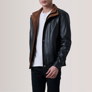 Close-Up Detail of Shirt &amp; Zipper with placket Hardware on Alfred Brown Leather Bomber Jacket For Men