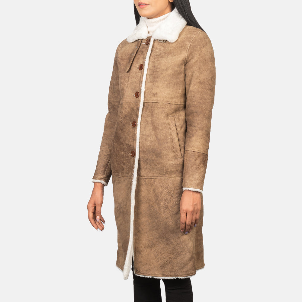 Women's Alina Shearling Brown Leather Coat in Distressed Brown Sheepskin Leather - Front Profile View &amp; Tailored Silhouette | Buy Online