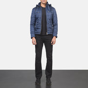 Close-Up Detail of High neck with Belt &amp; Zipper Hardware on Men's Alps Quilted Blue Windbreaker Jacket