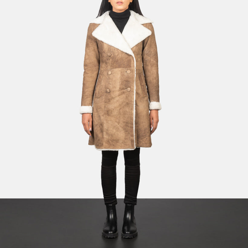 Amie Distressed Brown Double-Breasted Shearling Coat