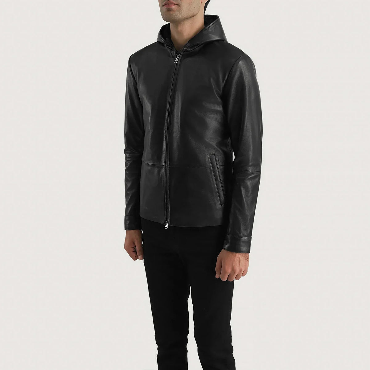 Matte Black Sheepskin Leather Hooded Jacket - Back View Showing Tailored Shoulder Fit &amp; Clean Hemline