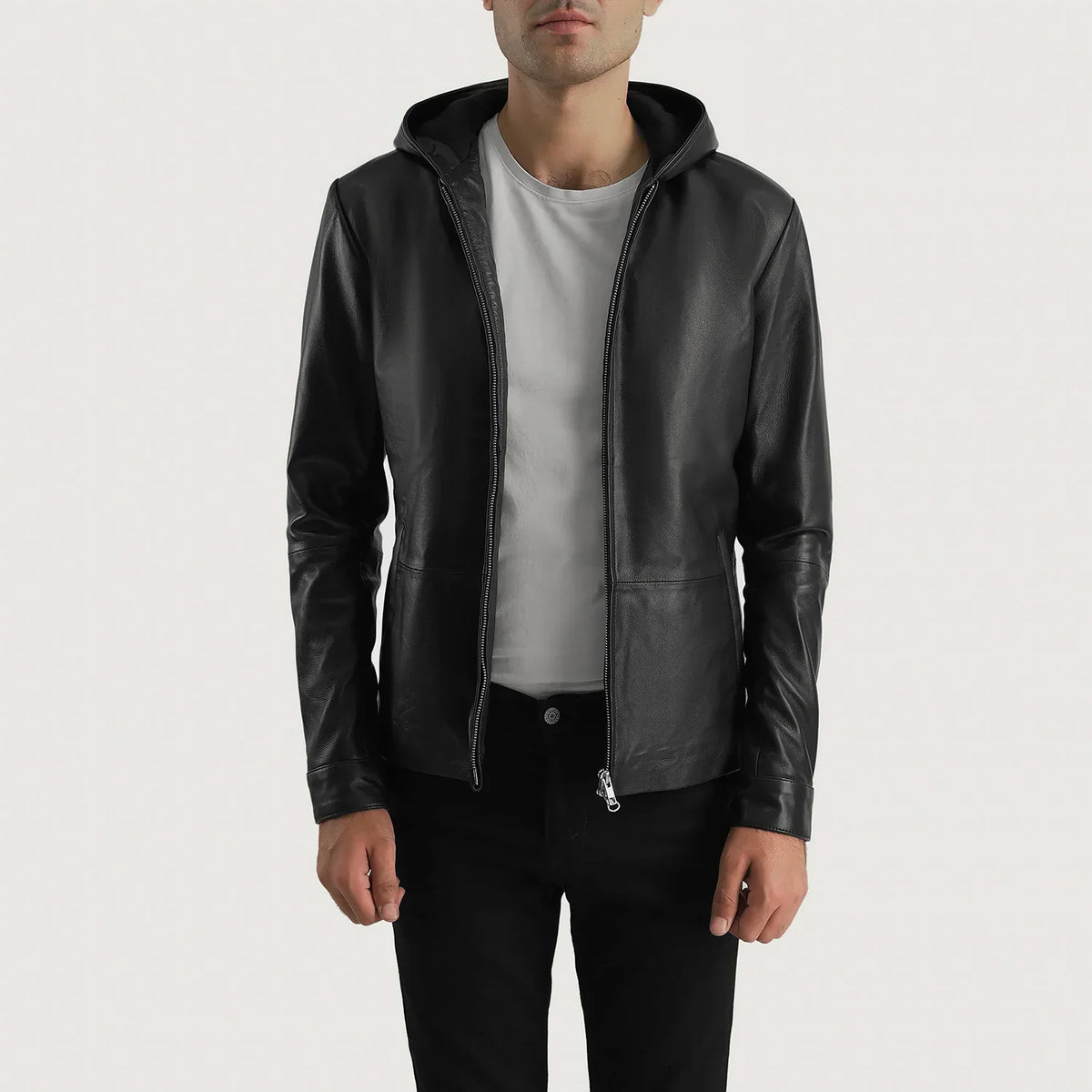 Men's Andy Matte Black Hooded Leather Jacket - Lateral Side Profile View Showing Sleeve Cut &amp; Athletic Taper Fit