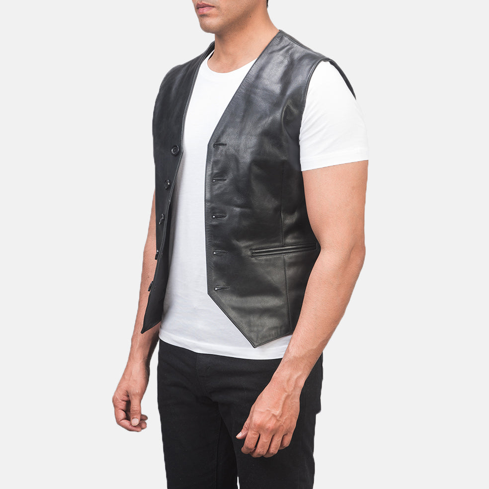 Black Cowhide leather Vest - Back View Showing Tailored Shoulder Fit & Clean Hemline