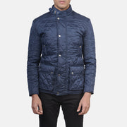 Men's Barry Quilted Blue Windbreaker Jacket - Lateral Side Profile View Showing Sleeve Cut &amp; Athletic Taper Fit