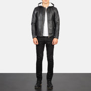 
Men's Baston Black Hooded Leather Bomber Jacket - Lateral Side Profile View Showing Sleeve Cut & Athletic Taper Fit
