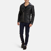 
Men's Black Studded Leather Biker Jacket - Lateral Side Profile View Showing Sleeve Cut & Athletic Taper Fit