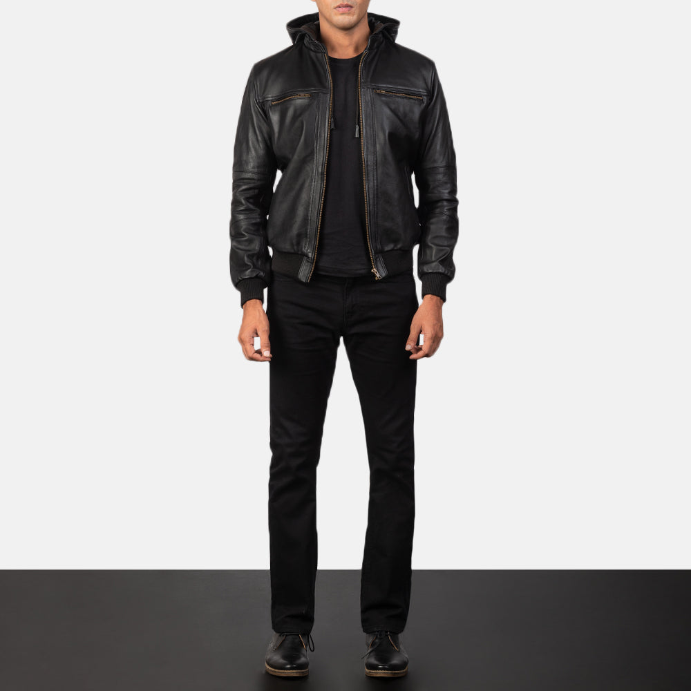 
Close-Up Detail of Band & Zipper Hardware on Men's Bouncer Biz Black Leather Hooded Bomber Jacket