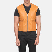 
Close-Up Detail of Classic Collar & Zipper Hardware on Men's Brandon Tan Brown Leather Vest
