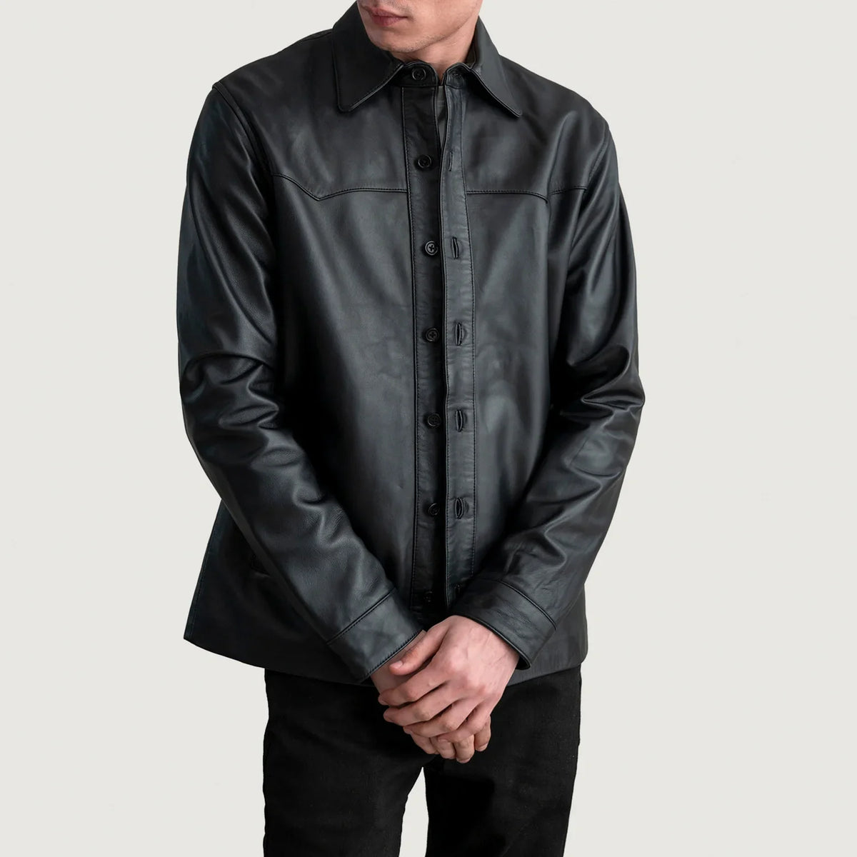 
Bronco Black Leather Shirt in Black Sheepskin Leather - Front Profile View & Tailored Silhouette | Buy Online