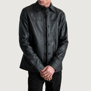 
Bronco Black Leather Shirt in Black Sheepskin Leather - Front Profile View & Tailored Silhouette | Buy Online
