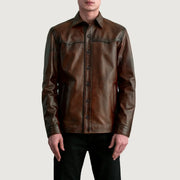 
Bronco Distressed Brown Leather Shirt - Lateral Side Profile View Showing Sleeve Cut & Athletic Taper Fit