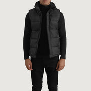 Bryan Black Puffer Vest in Black Full-Grain Leather - Front Profile View &amp; Tailored Silhouette | Buy Online