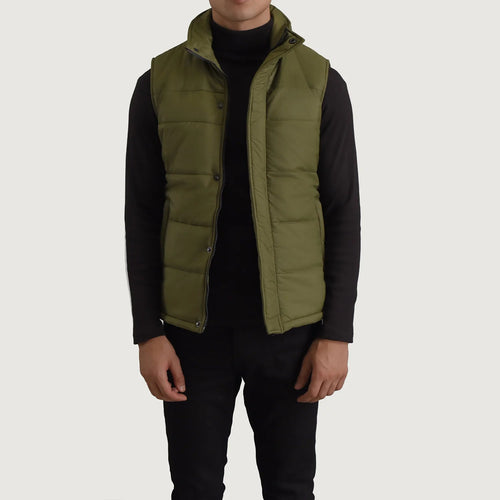 Bryan Green Puffer Vest in Green Full-Grain Leather - Front Profile View & Tailored Silhouette | Buy Online