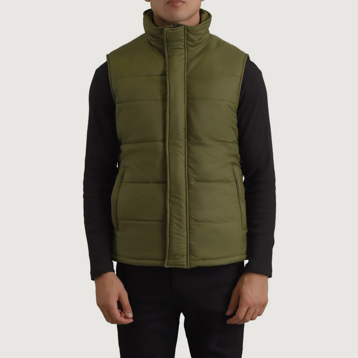 Close-Up Detail of Classic Collar &amp; Zipper With Placket Hardware on Bryan Green Puffer Vest