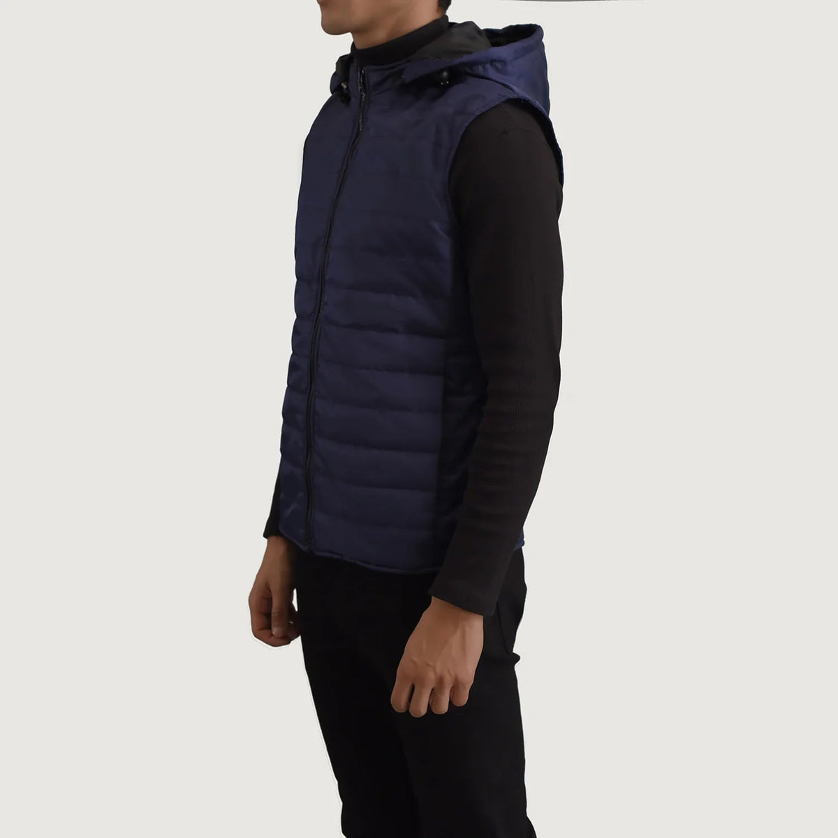 
Blue Full-Grain leather Vest - Back View Showing Tailored Shoulder Fit & Clean Hemline