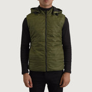 
Close-Up Detail of Classic Collar & Zipper Hardware on Carlo Green Hooded Puffer Vest