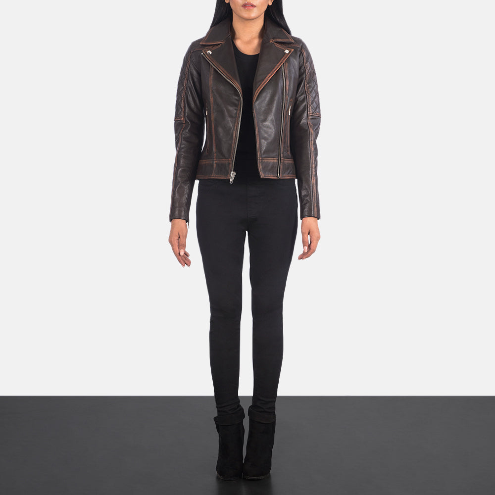 
Women's Carolyn Quilted Vintage Brown Biker Jacket - Lateral Side Profile View Showing Sleeve Cut & Athletic Taper Fit