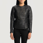 Women's Celeste Studded Black Leather Jacket in Black Sheepskin Leather - Front Profile View &amp; Tailored Silhouette | Buy Online