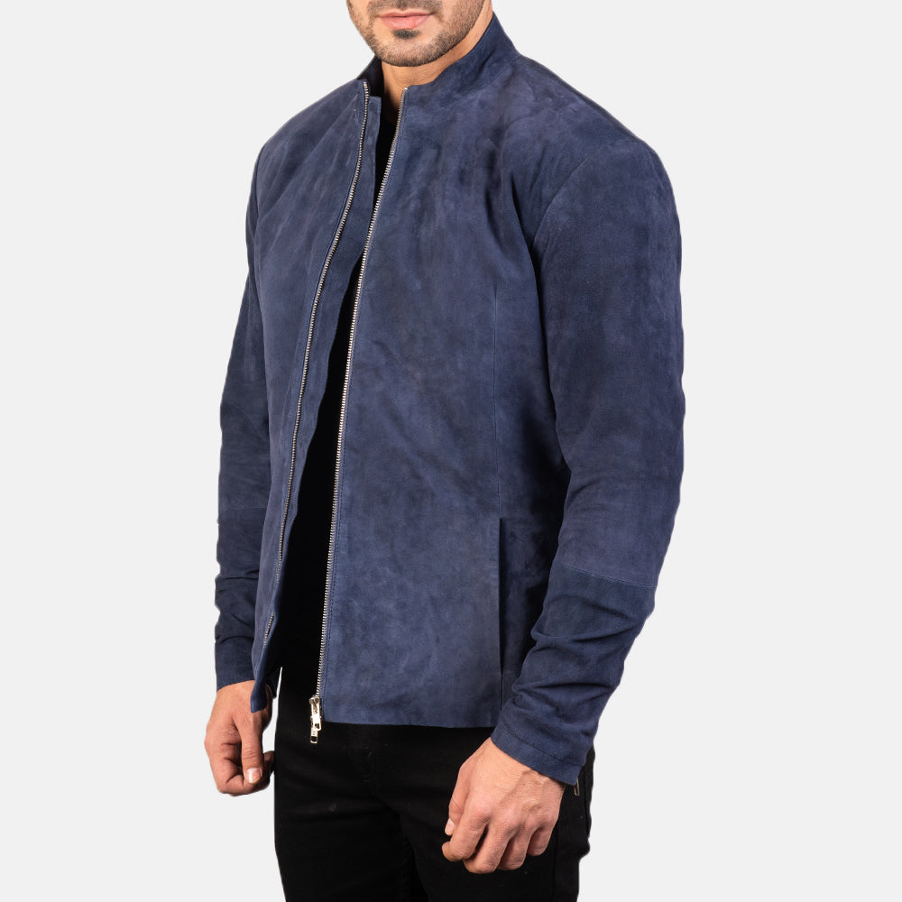 
Navy Blue Goatskin Suede Biker Jacket - Back View Showing Tailored Shoulder Fit & Clean Hemline