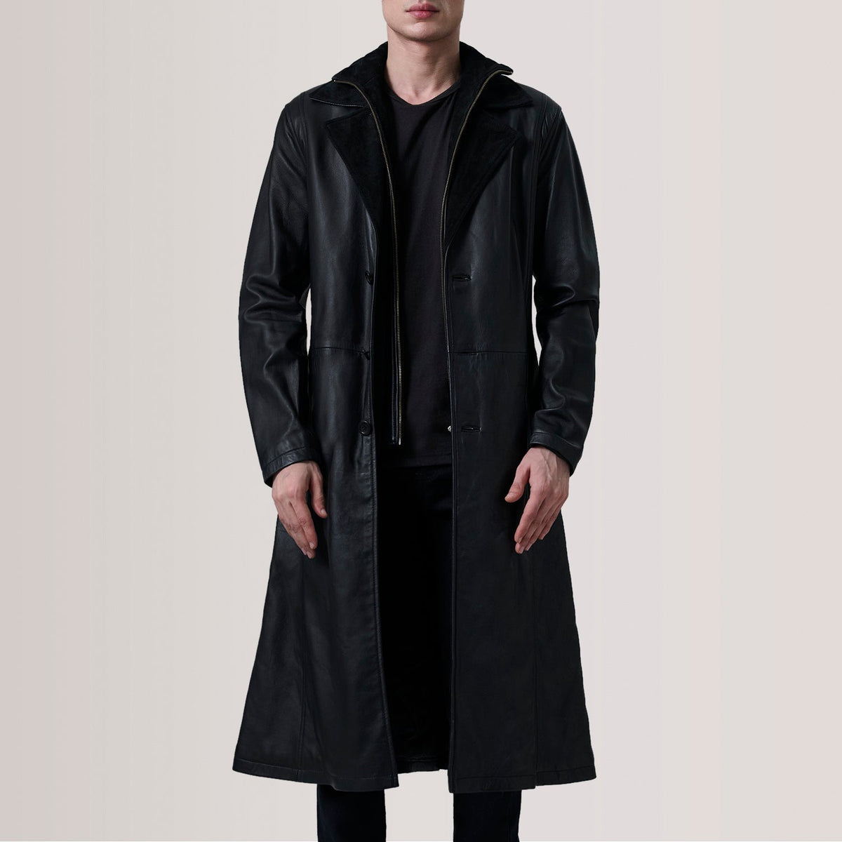 Charlton Black Leather Single Breasted Coat For Men in Black Sheepskin Leather - Front Profile View & Tailored Silhouette | Buy Online
