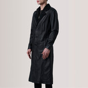Charlton Black Leather Single Breasted Coat For Men - Lateral Side Profile View Showing Sleeve Cut &amp; Athletic Taper Fit