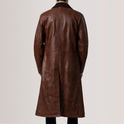 Close-Up Detail of Notch & Button Hardware on Charlton Waxed Brown Leather Single Breasted Coat For Men