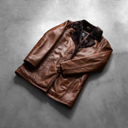 
Open Hem & Hem Craftsmanship Construction Detail on Men's Cinnamon Distressed Leather Fur Coat