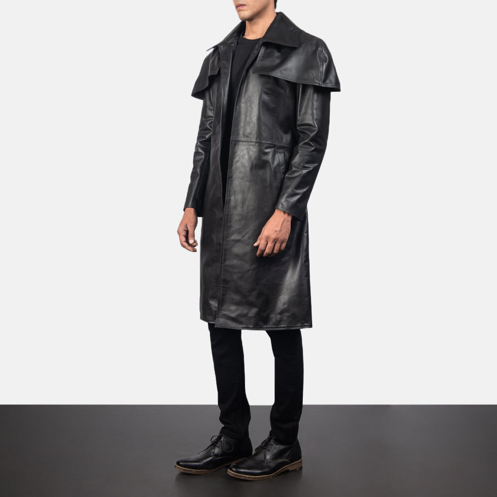 
Black Cowhide Leather Trench Coat - Back View Showing Tailored Shoulder Fit & Clean Hemline